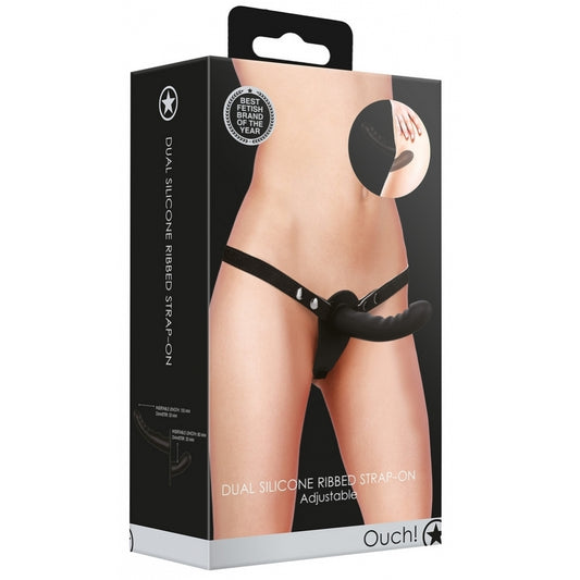 Gode ceinture double Dual Ribbed 15 x 3.3cm Noir